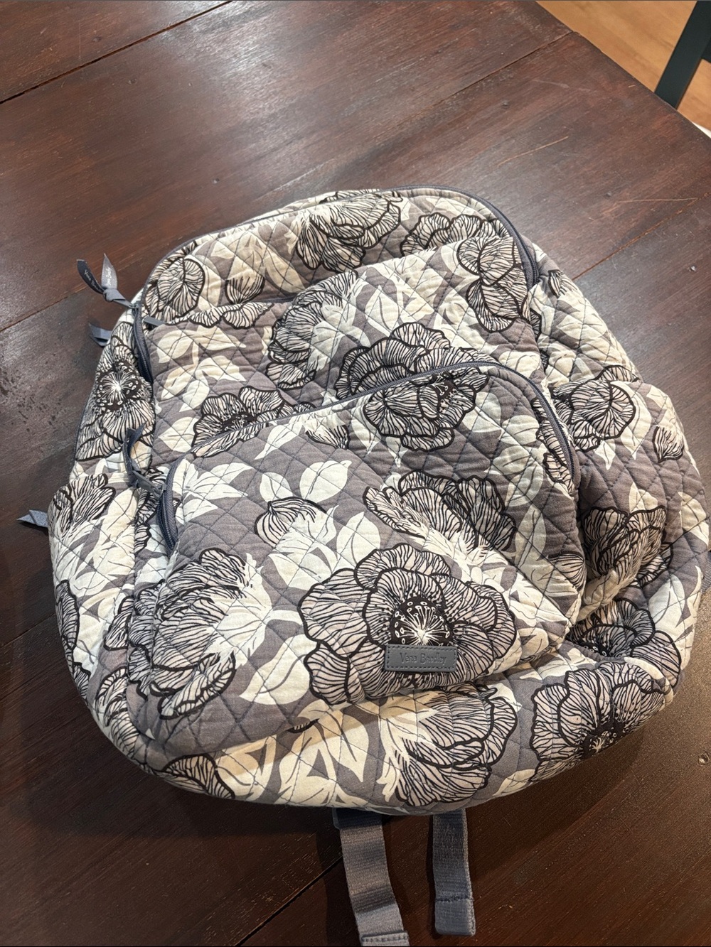 Vera Bradley Quilted Floral Backpack in Gray and Cream Tones